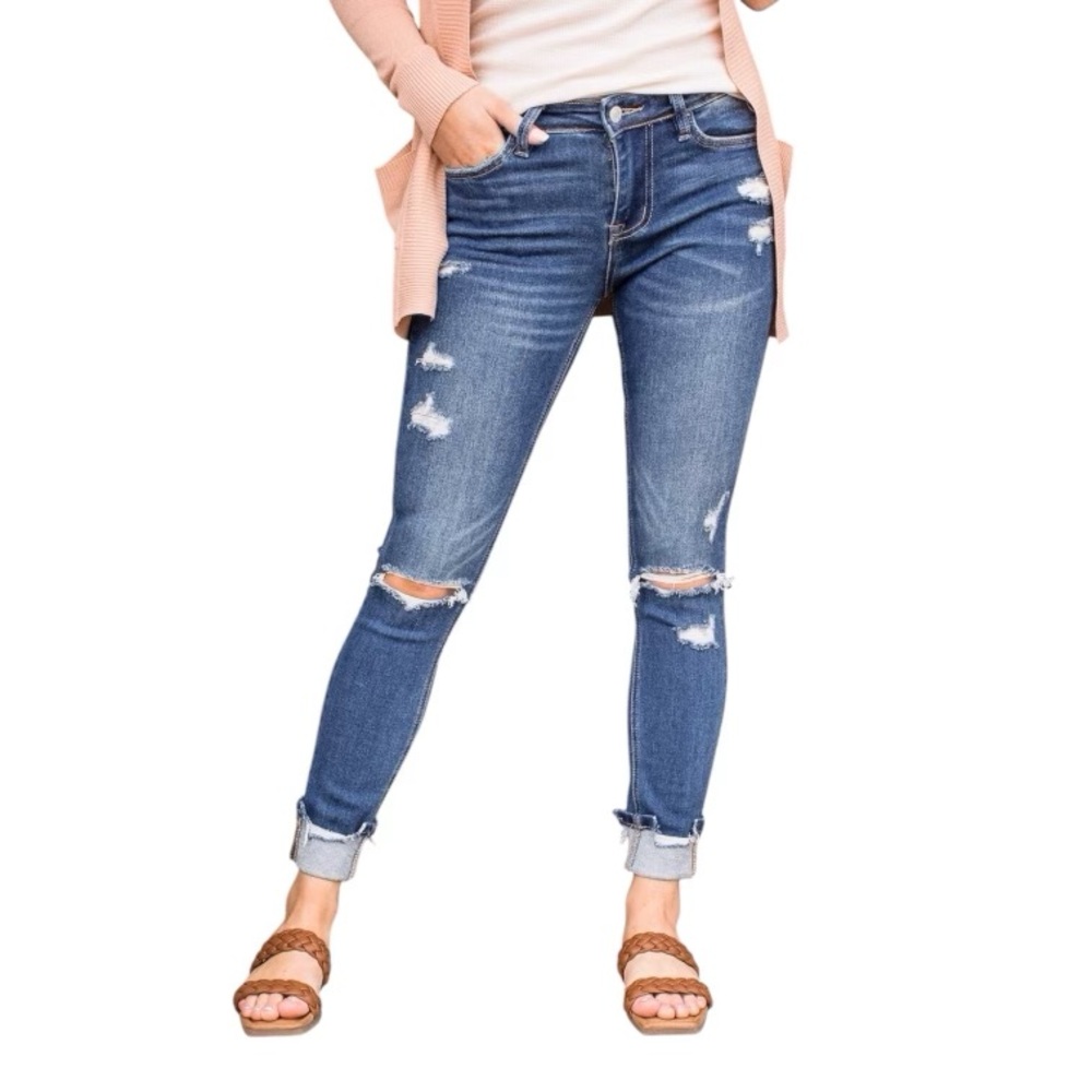 Vervet 28 (6/7) Skinny Mid Rise Women’s Distressed Jeans Frayed Hems T5064